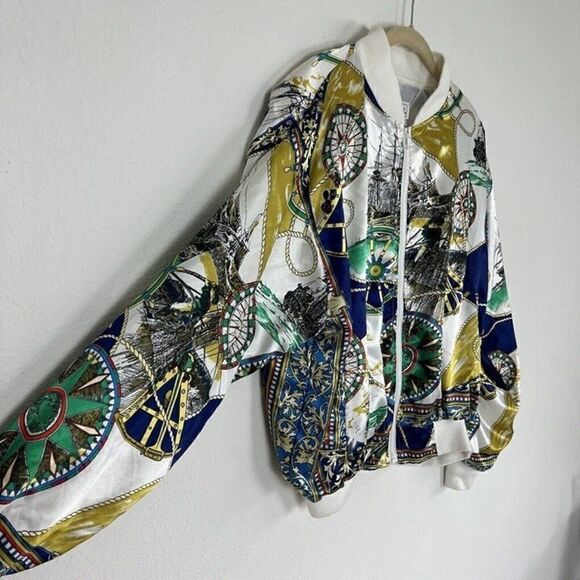 Casual Corner Vintage 80s Womens Satin Nautical Map Zip Up Bomber Jacket OS - Picture 9 of 11